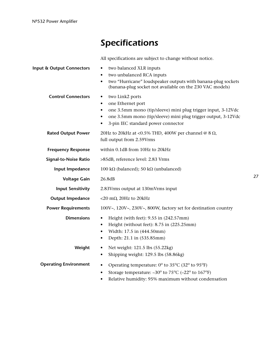 Specifications | Mark Levinson 532 User Manual | Page 31 / 34