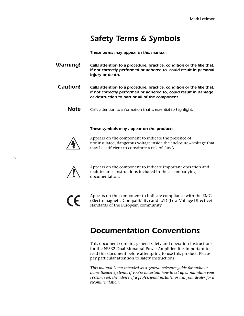 Safety terms & symbols, Documentation conventions, Warning | Caution | Mark Levinson 532 User Manual | Page 4 / 34