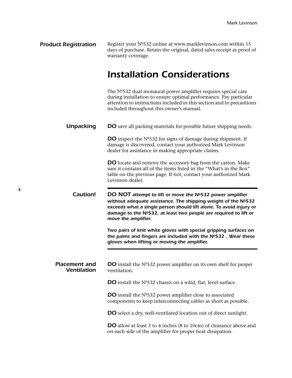 Installation considerations | Mark Levinson 532 User Manual | Page 8 / 34