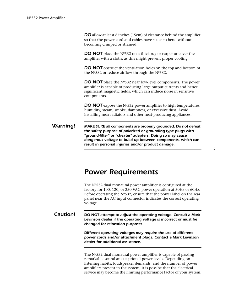 Power requirements, Warning, Caution | Mark Levinson 532 User Manual | Page 9 / 34
