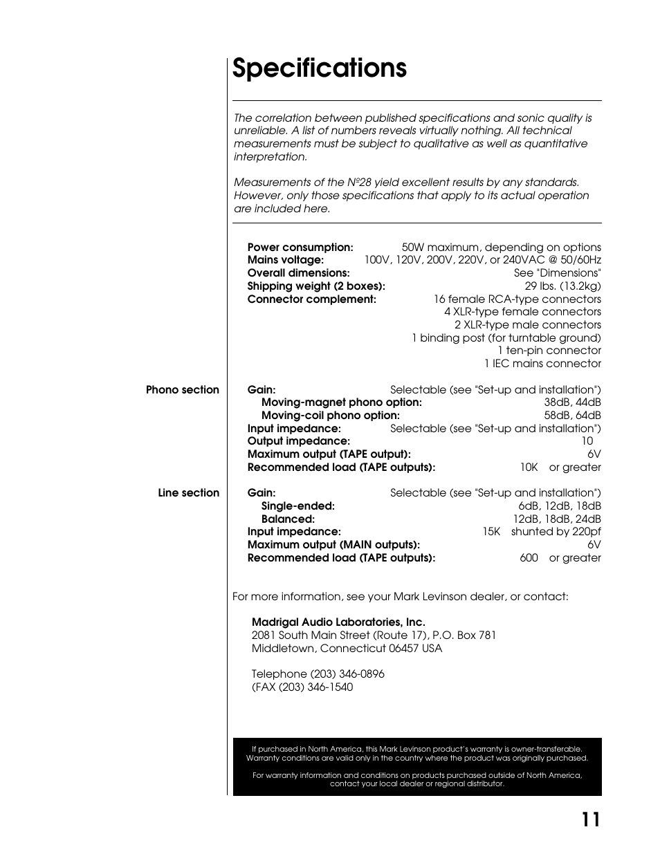 Specifications | Mark Levinson N28 User Manual | Page 16 / 19