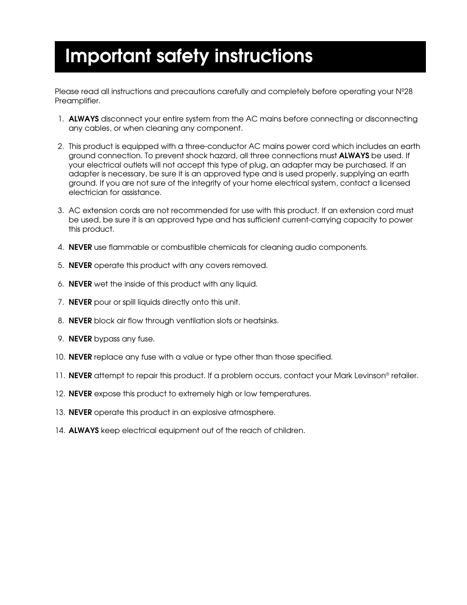 Important safety instructions | Mark Levinson N28 User Manual | Page 3 / 19