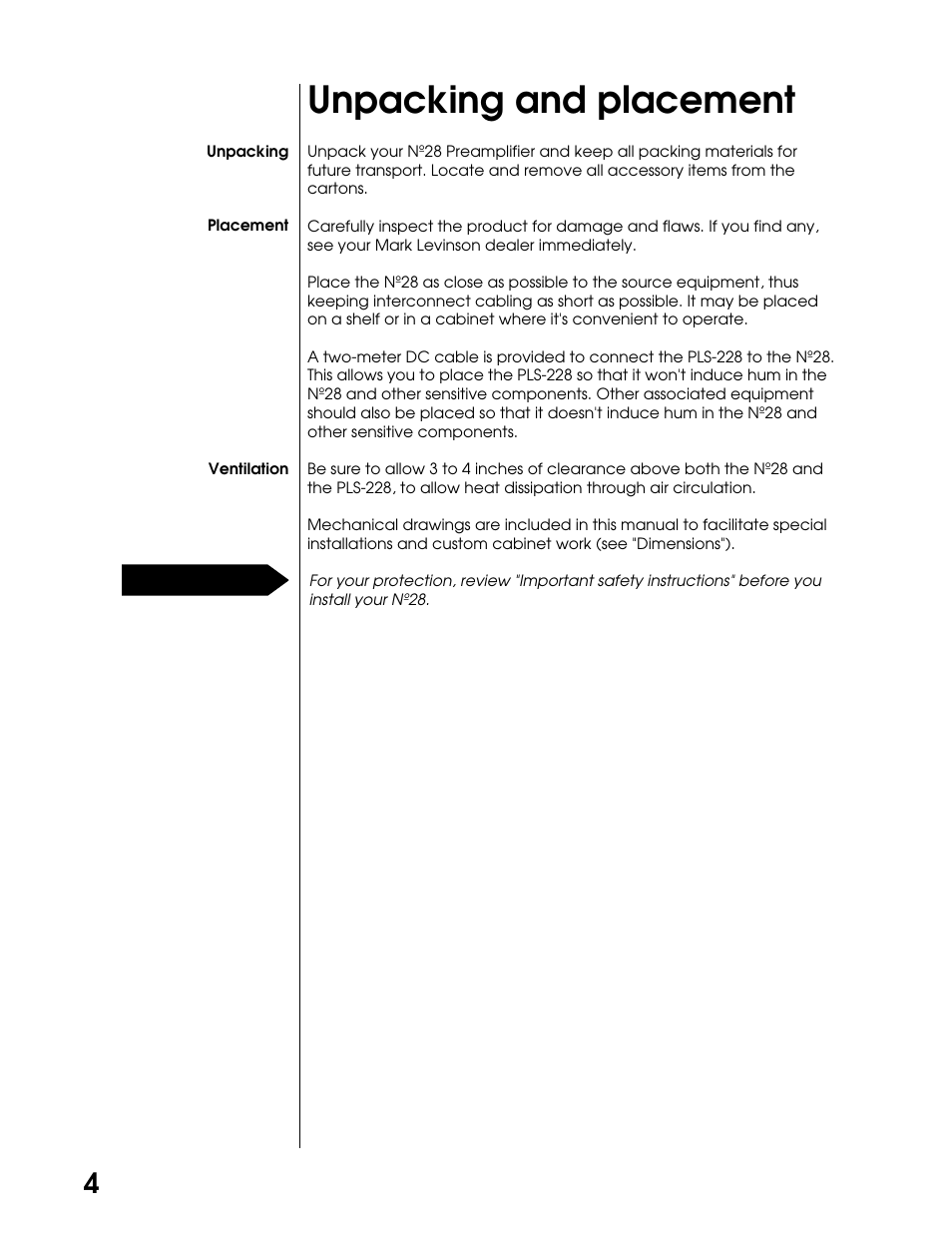 Unpacking and placement | Mark Levinson N28 User Manual | Page 9 / 19