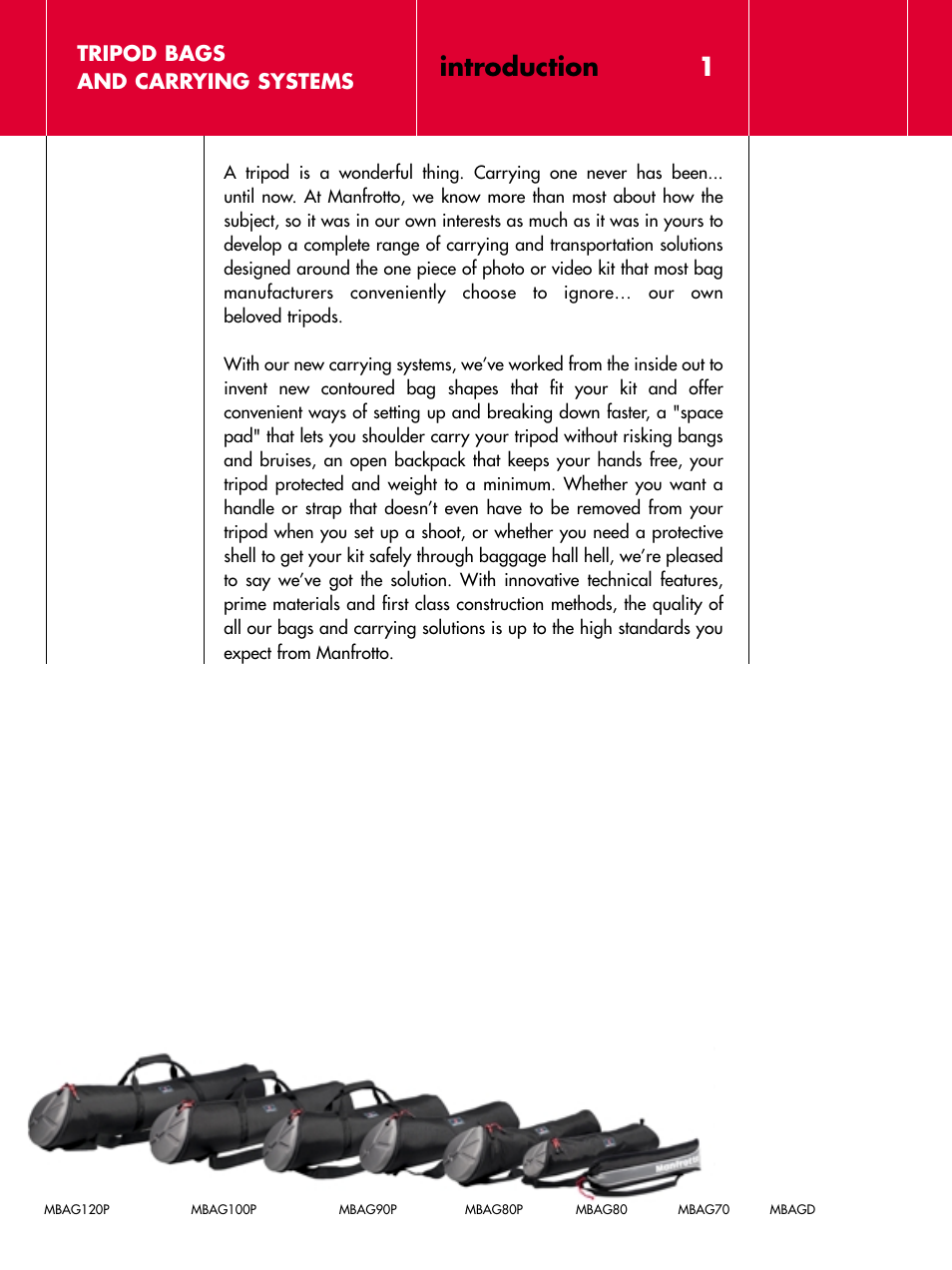 Introduction 1, Tripod bags and carrying systems | Manfrotto MBAG70 User Manual | Page 2 / 10