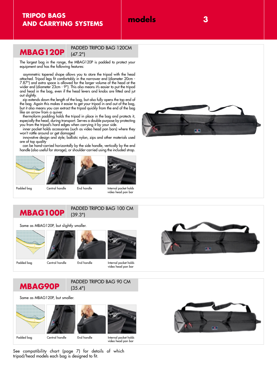Mbag120p, Mbag100p, Mbag90p | Models 3, Tripod bags and carrying systems | Manfrotto MBAG70 User Manual | Page 4 / 10