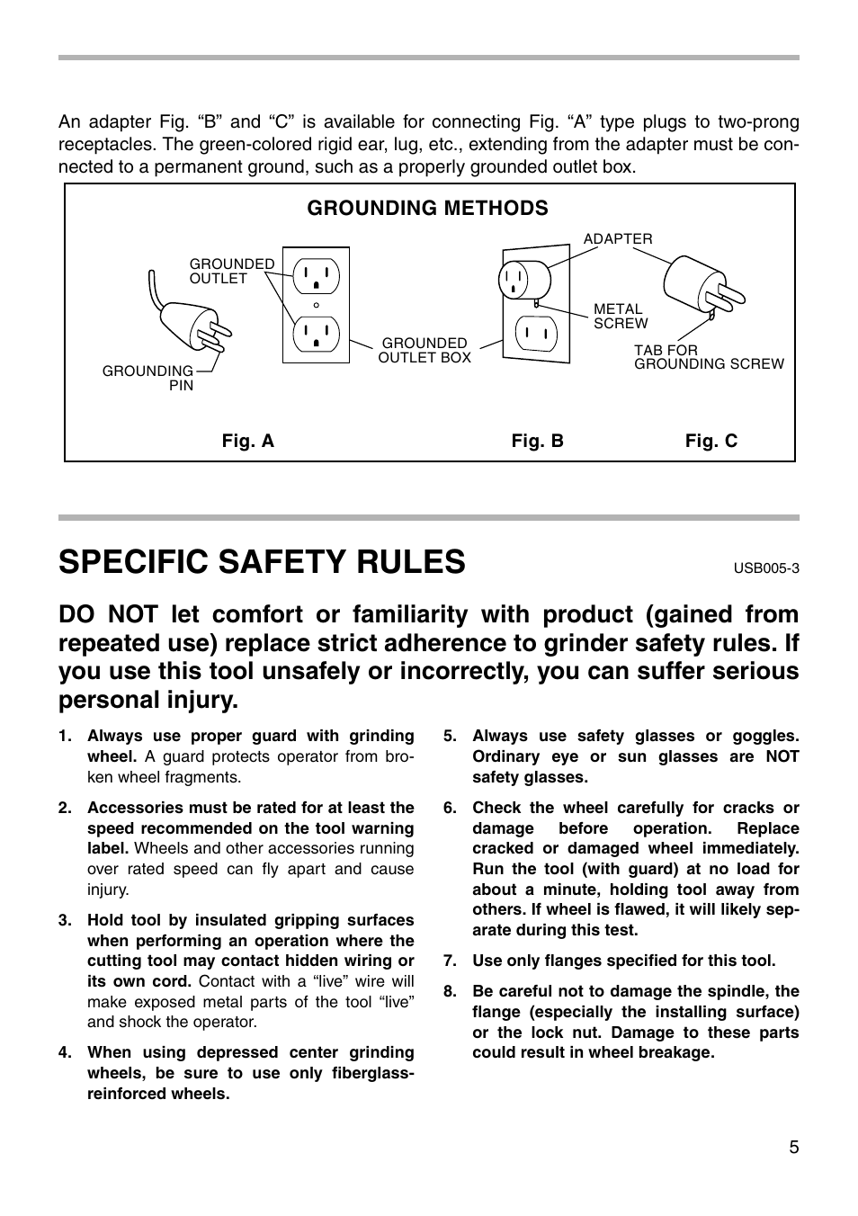 Specific safety rules, Grounding methods | Makita GA7001L User Manual | Page 5 / 20