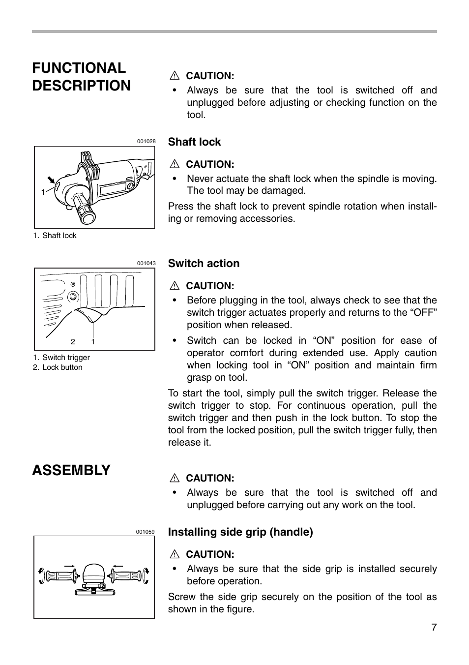 Functional description, Assembly | Makita GA7001L User Manual | Page 7 / 20