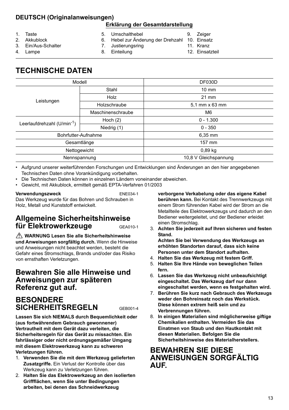 Technische daten, Bewahren sie diese anweisungen sorgfältig auf, Deutsch (originalanweisungen) | Makita GB Cordless Drill DF030D User Manual | Page 13 / 48