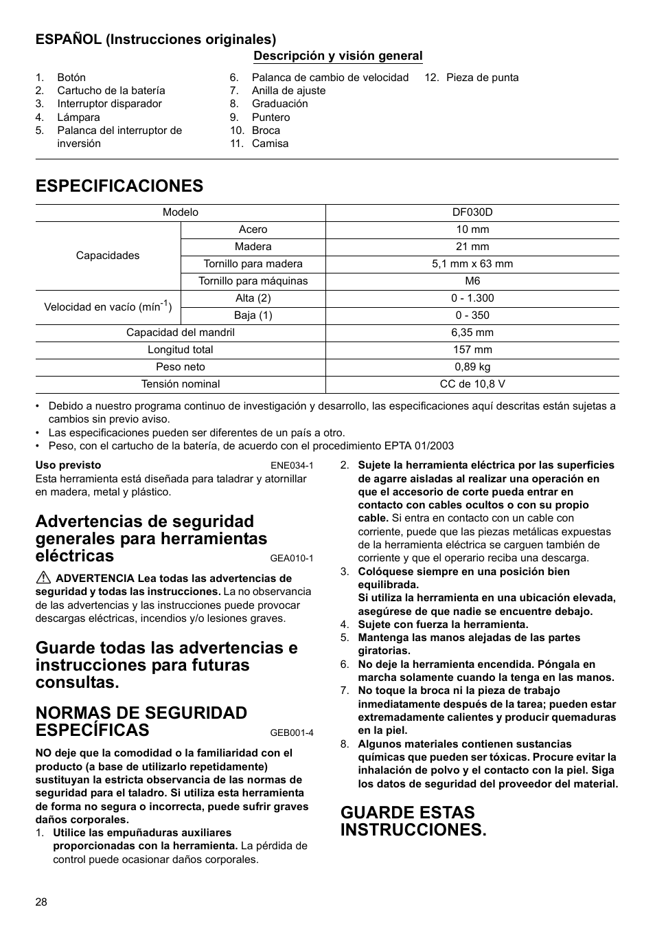 Especificaciones, Guarde estas instrucciones, Español (instrucciones originales) | Makita GB Cordless Drill DF030D User Manual | Page 28 / 48