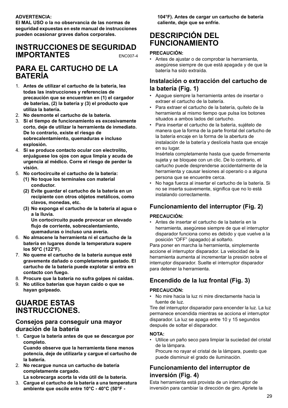 Instrucciones de seguridad importantes, Para el cartucho de la batería, Guarde estas instrucciones | Descripción del funcionamiento | Makita GB Cordless Drill DF030D User Manual | Page 29 / 48