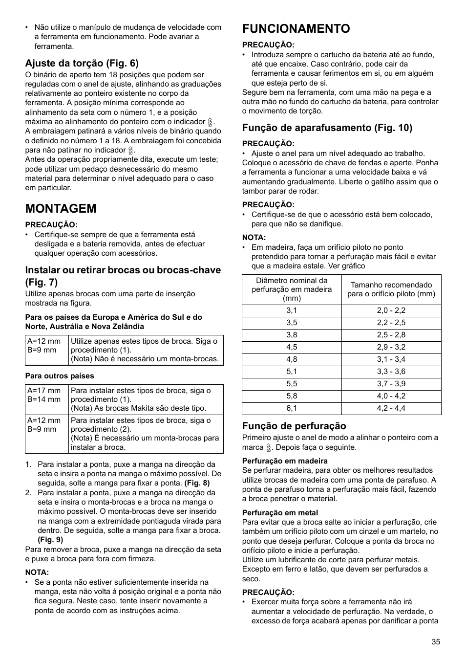 Montagem, Funcionamento, Ajuste da torção (fig. 6) | Função de aparafusamento (fig. 10), Função de perfuração | Makita GB Cordless Drill DF030D User Manual | Page 35 / 48