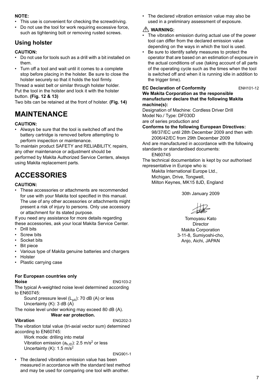 Maintenance, Accessories, Using holster | Makita GB Cordless Drill DF030D User Manual | Page 7 / 48