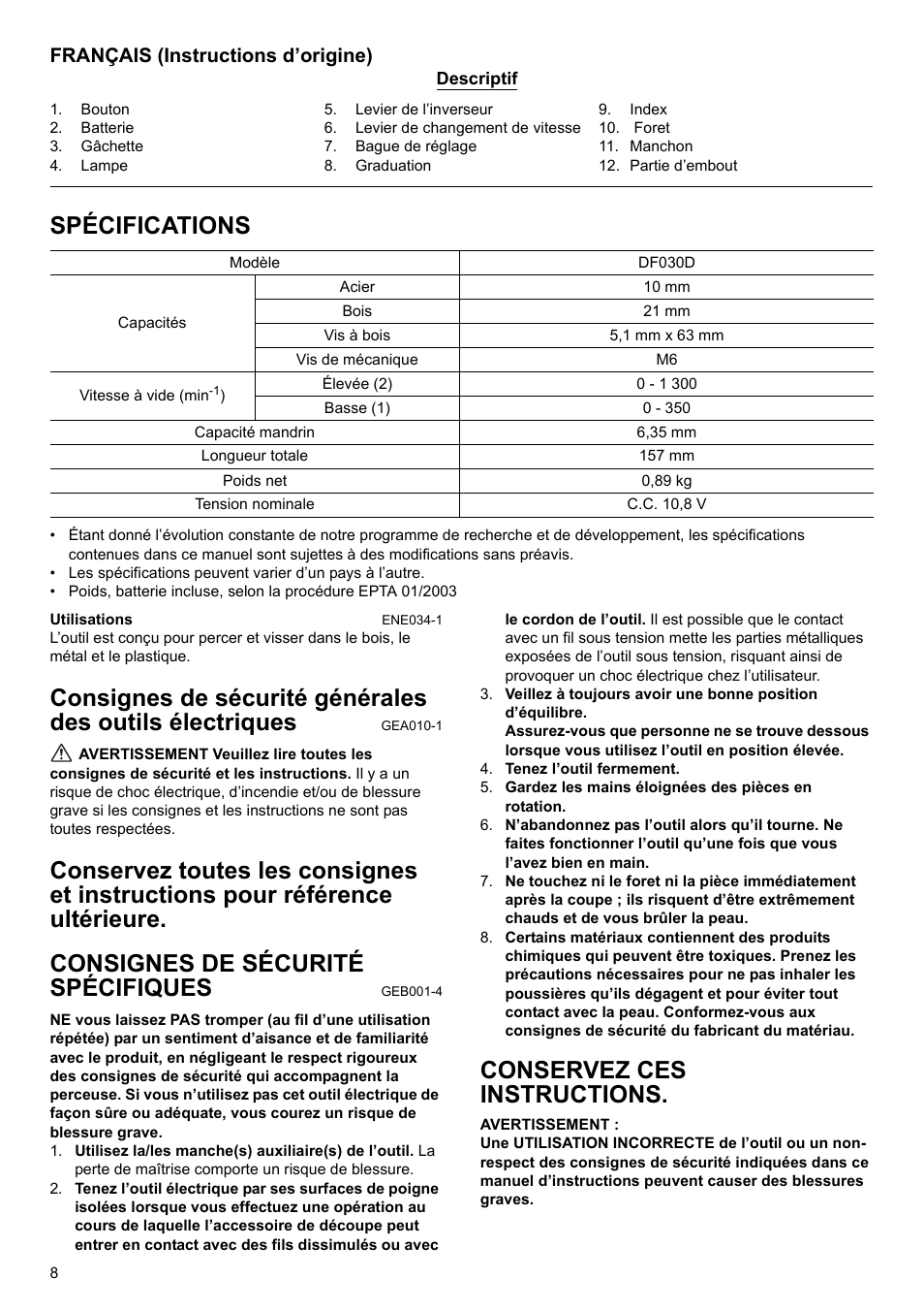 Spécifications, Conservez ces instructions, Français (instructions d’origine) | Makita GB Cordless Drill DF030D User Manual | Page 8 / 48