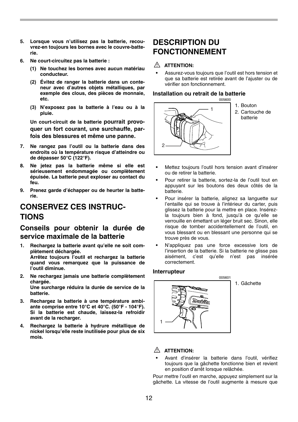Conservez ces instruc- tions, Description du fonctionnement | Makita 8270D User Manual | Page 12 / 28
