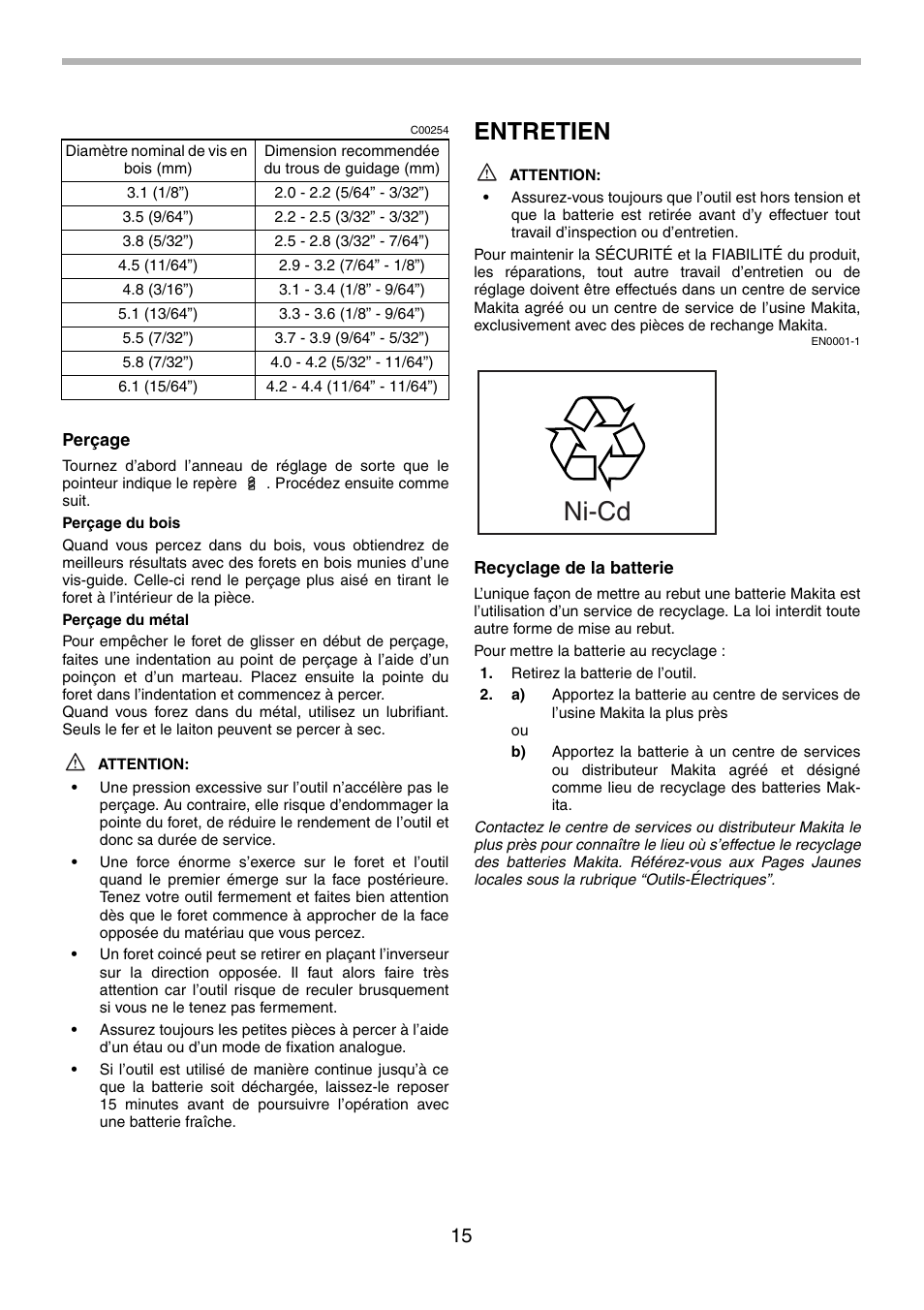 Ni-cd, Entretien | Makita 8270D User Manual | Page 15 / 28
