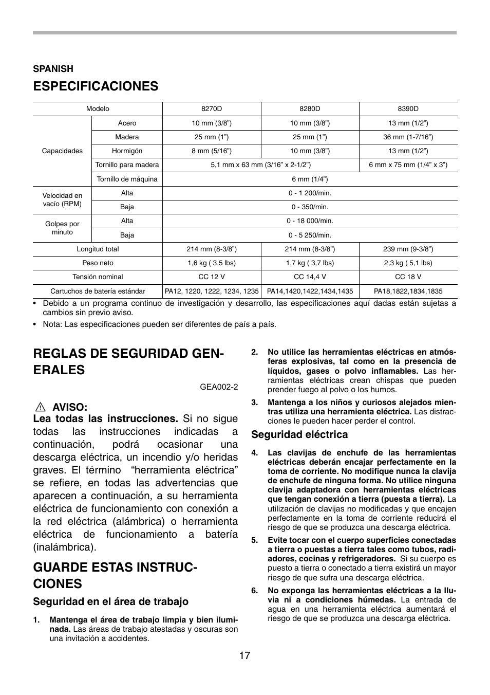 Especificaciones, Reglas de seguridad gen- erales, Guarde estas instruc- ciones | Seguridad en el área de trabajo, Seguridad eléctrica, Spanish | Makita 8270D User Manual | Page 17 / 28