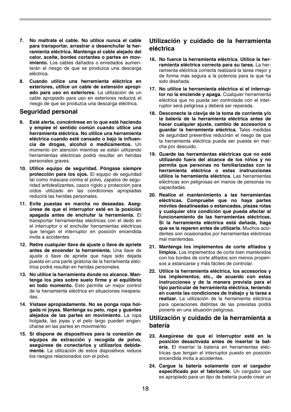 Seguridad personal, Utilización y cuidado de la herramienta eléctrica, Utilización y cuidado de la herramienta a batería | Makita 8270D User Manual | Page 18 / 28