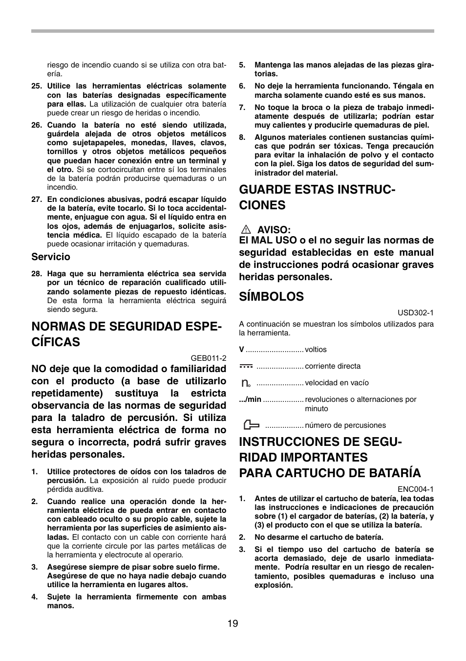 Normas de seguridad espe- cíficas, Guarde estas instruc- ciones, Símbolos | Makita 8270D User Manual | Page 19 / 28