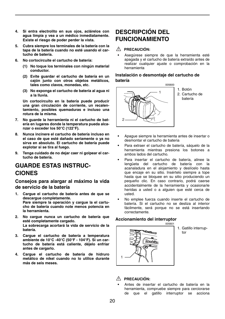 Guarde estas instruc- ciones, Descripción del funcionamiento | Makita 8270D User Manual | Page 20 / 28