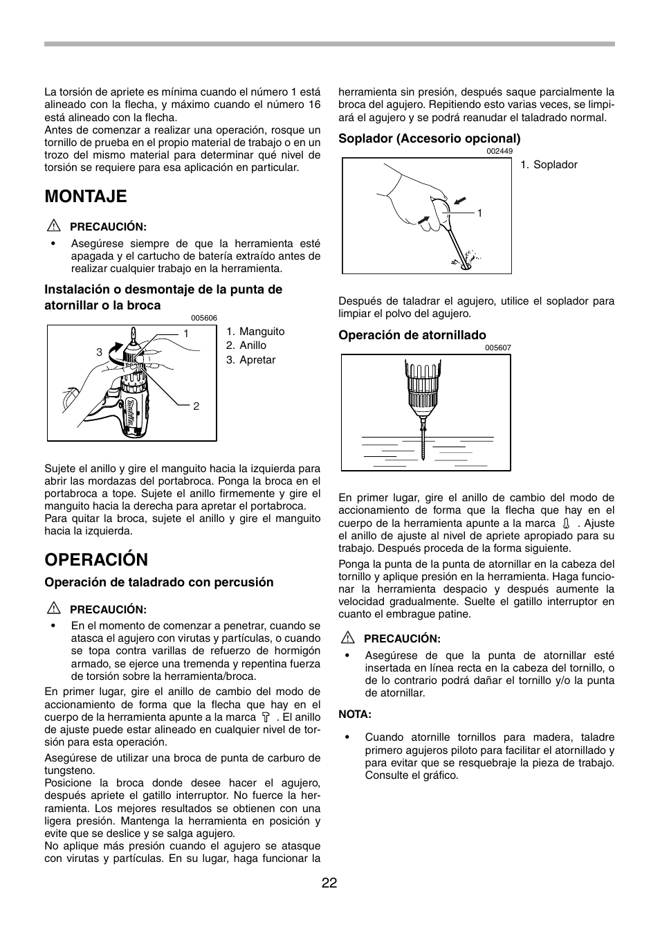Montaje, Operación | Makita 8270D User Manual | Page 22 / 28