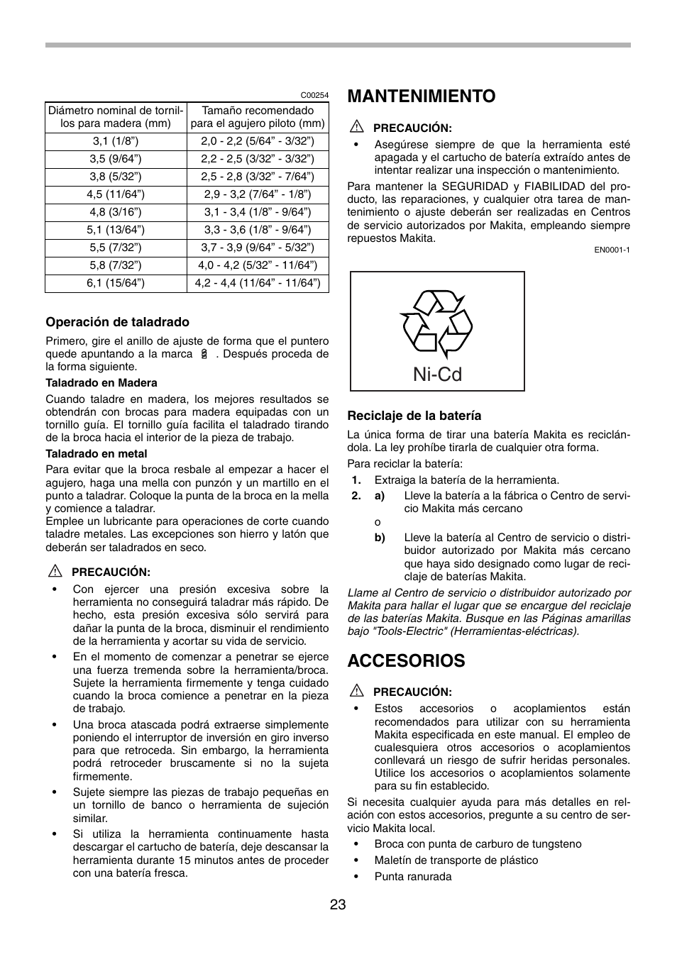 Ni-cd, Mantenimiento, Accesorios | Makita 8270D User Manual | Page 23 / 28
