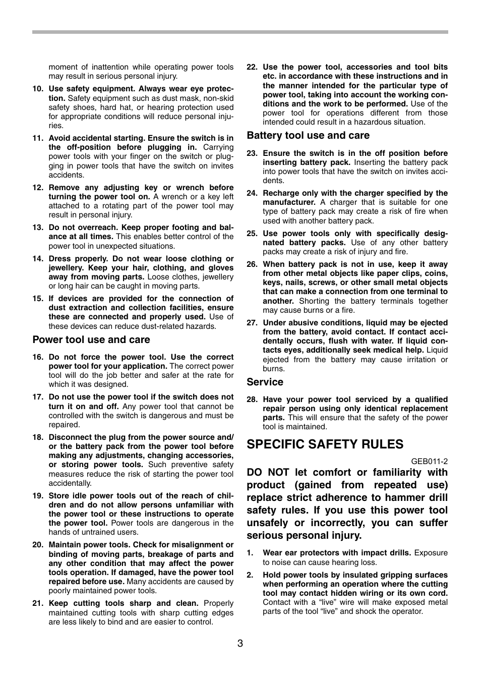 Specific safety rules, Power tool use and care, Battery tool use and care | Service | Makita 8270D User Manual | Page 3 / 28
