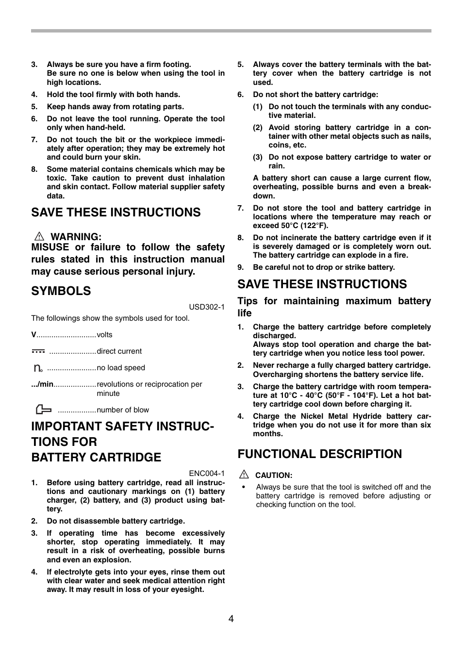 Save these instructions, Symbols, Functional description | Tips for maintaining maximum battery life | Makita 8270D User Manual | Page 4 / 28