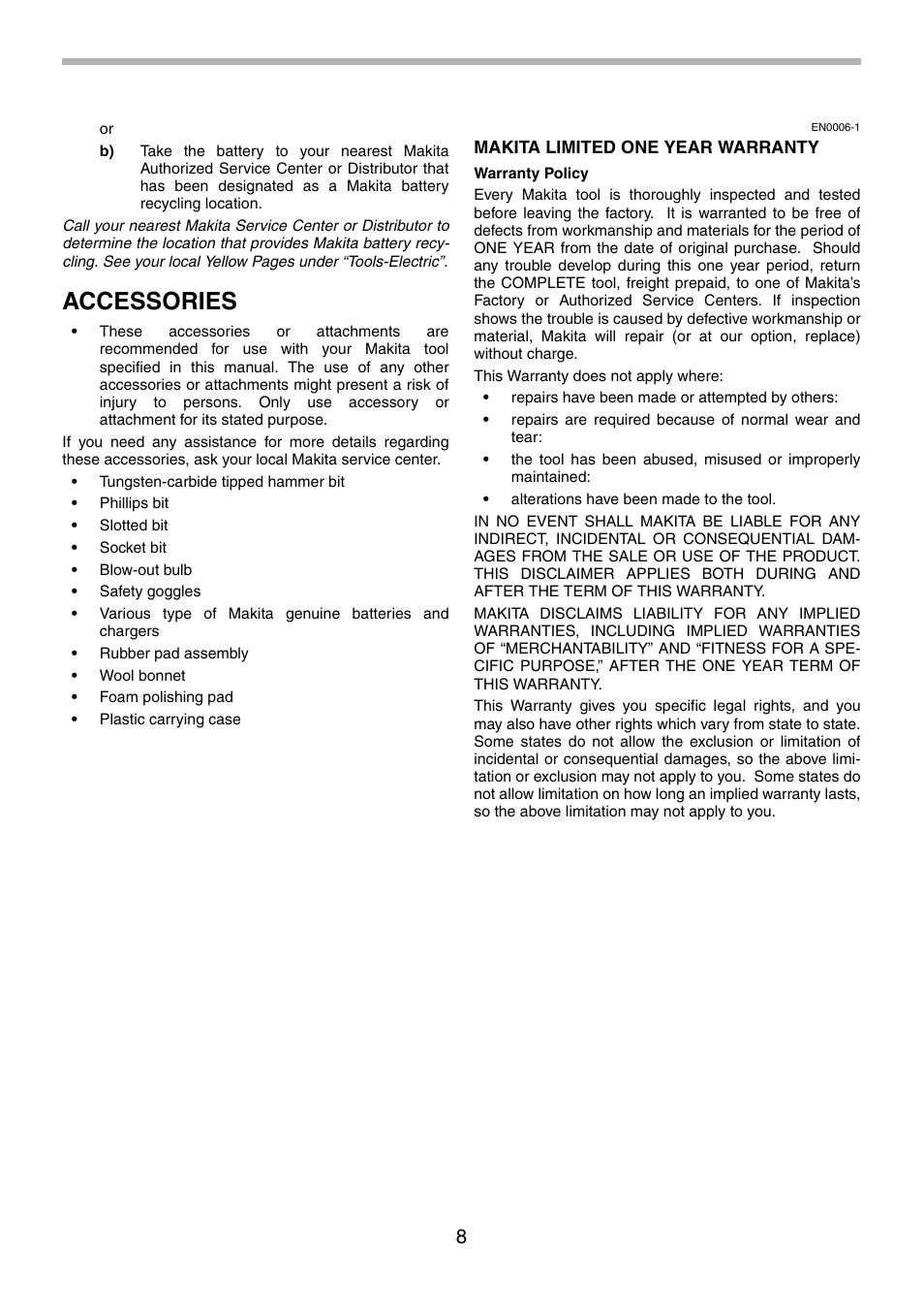 Accessories | Makita 8270D User Manual | Page 8 / 28