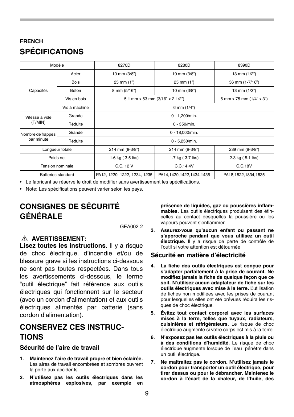 Spécifications, Consignes de sécurité générale, Conservez ces instruc- tions | Sécurité de l’aire de travail, Sécurité en matière d’électricité, French | Makita 8270D User Manual | Page 9 / 28