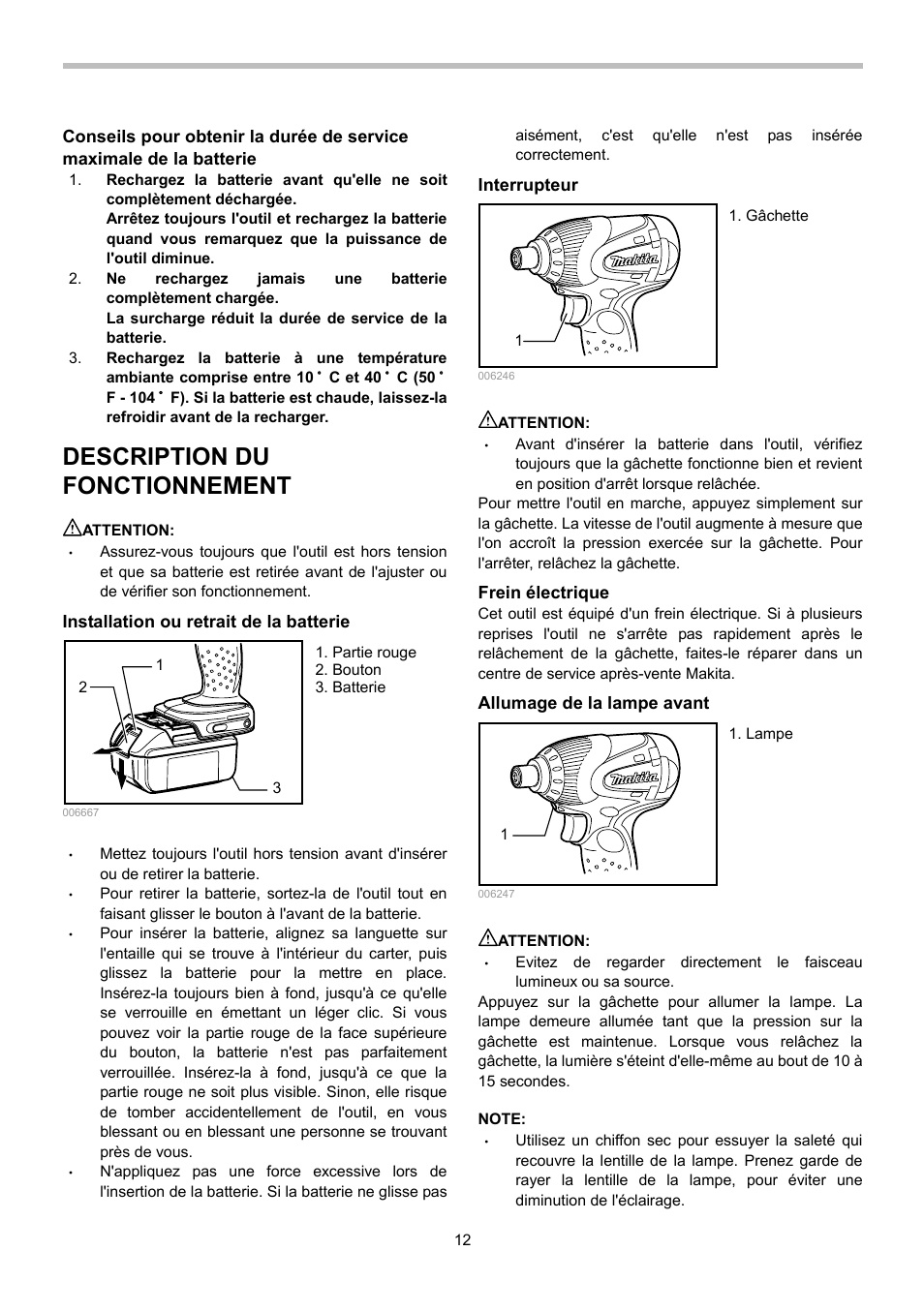 Description du fonctionnement | Makita BTD140 User Manual | Page 12 / 28