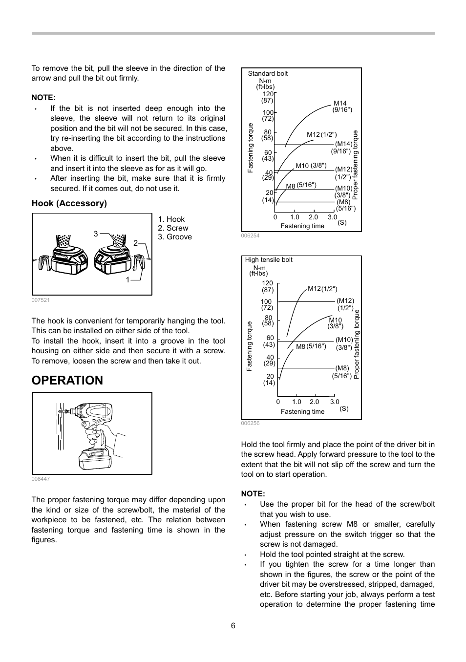 Operation, Hook (accessory) | Makita BTD140 User Manual | Page 6 / 28