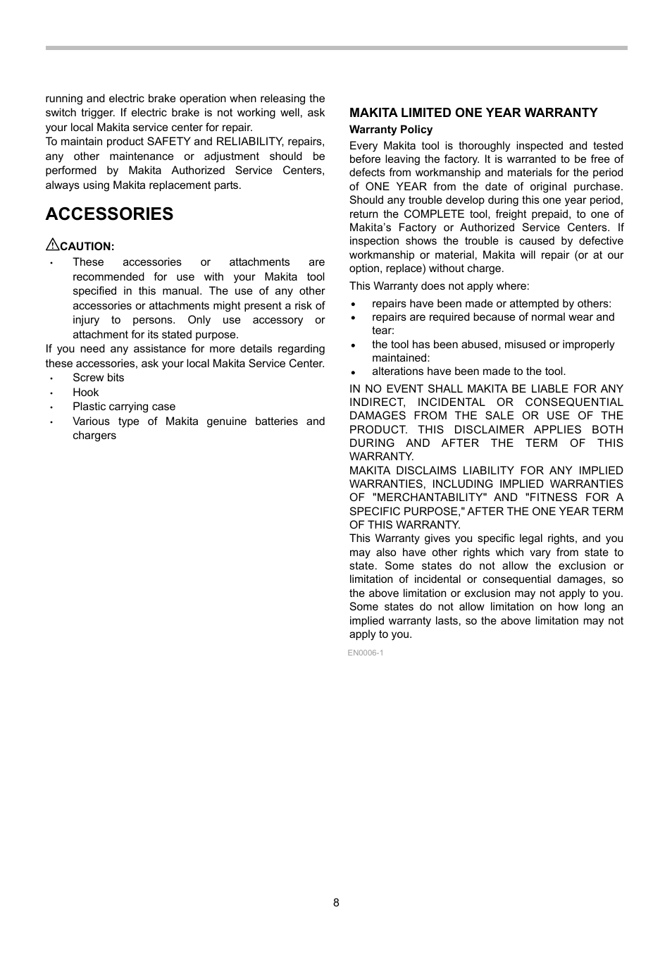 Accessories, Makita limited one year warranty | Makita BTD140 User Manual | Page 8 / 28