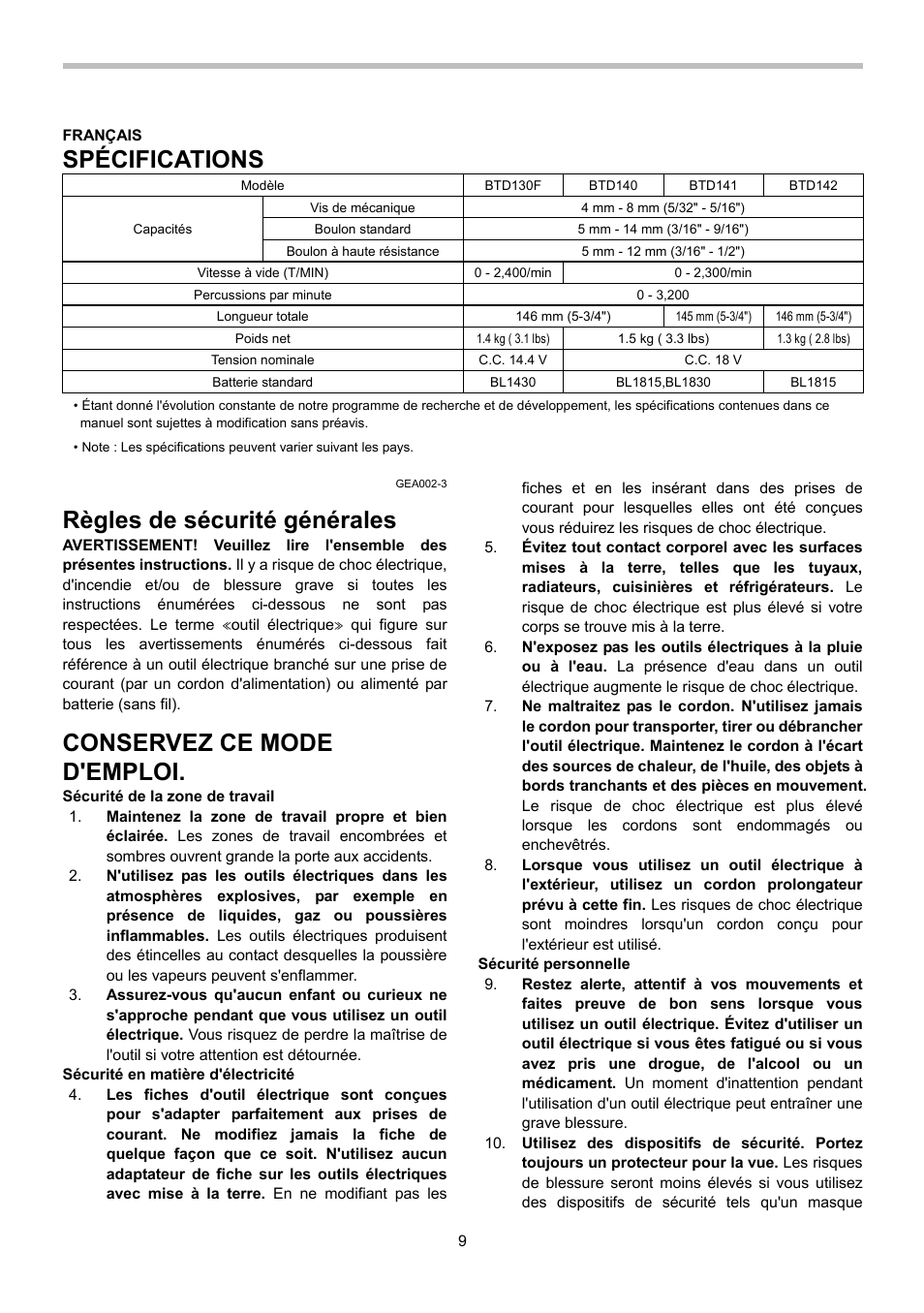 Spécifications, Règles de sécurité générales, Conservez ce mode d'emploi | Makita BTD140 User Manual | Page 9 / 28