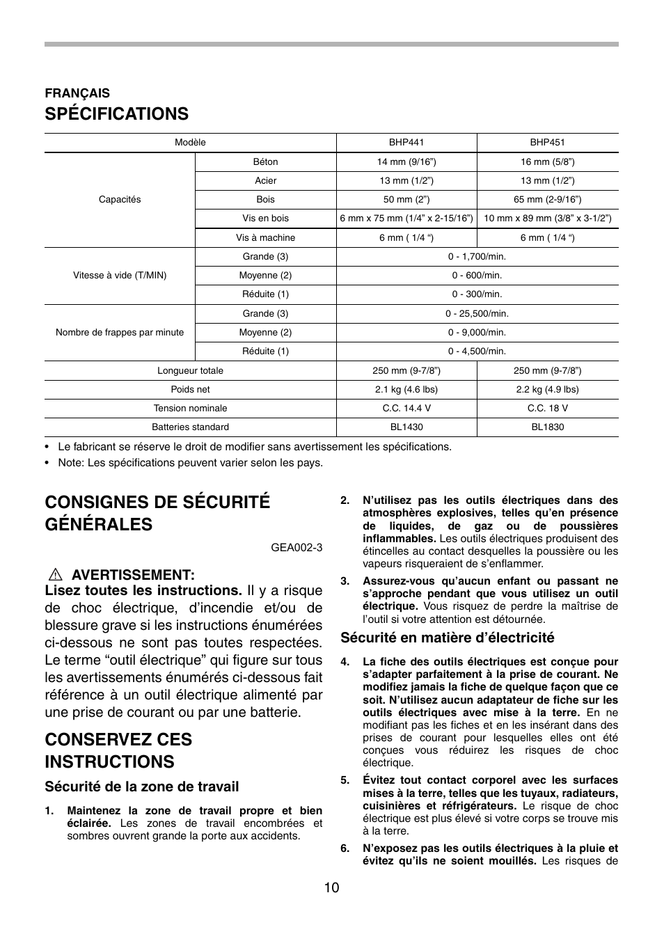 Spécifications, Consignes de sécurité générales, Conservez ces instructions | Sécurité de la zone de travail, Sécurité en matière d’électricité, Français | Makita BHP451 User Manual | Page 10 / 32