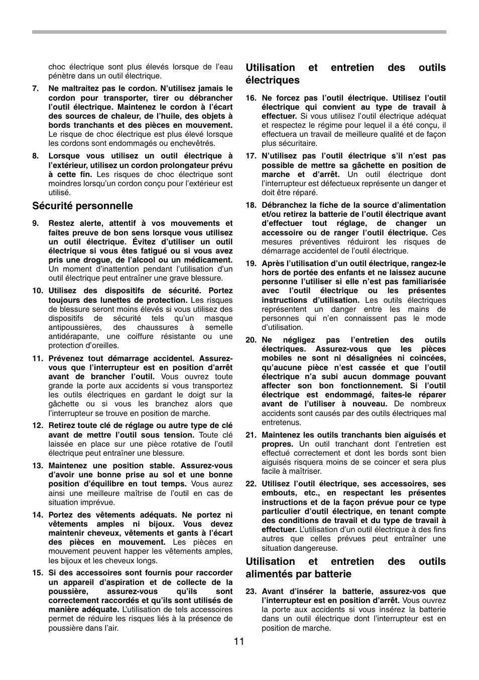 Sécurité personnelle, Utilisation et entretien des outils électriques | Makita BHP451 User Manual | Page 11 / 32