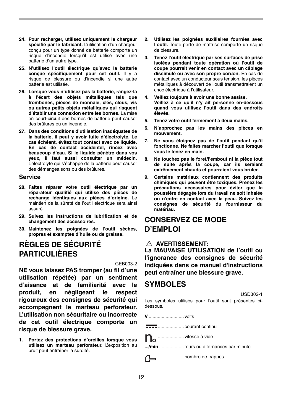 Règles de sécurité particulières, Conservez ce mode d’emploi, Symboles | Service | Makita BHP451 User Manual | Page 12 / 32