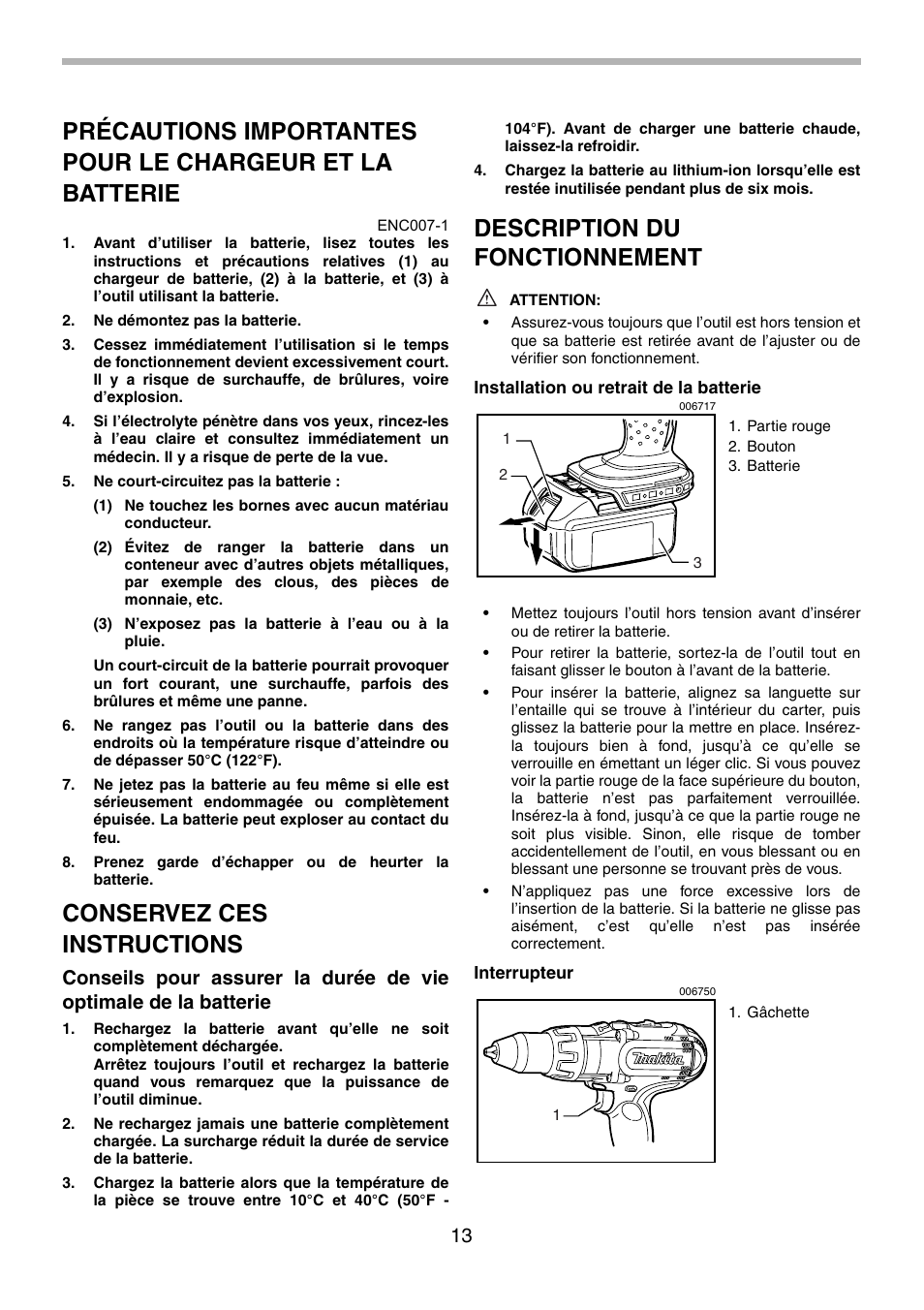Conservez ces instructions, Description du fonctionnement | Makita BHP451 User Manual | Page 13 / 32