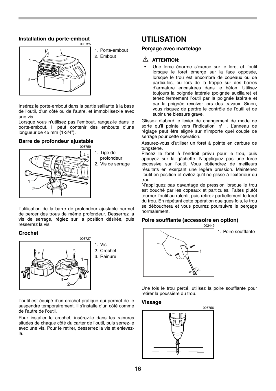 Utilisation | Makita BHP451 User Manual | Page 16 / 32