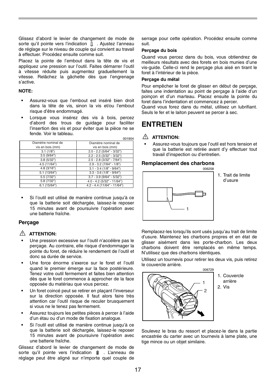 Entretien, Perçage, Remplacement des charbons | Makita BHP451 User Manual | Page 17 / 32