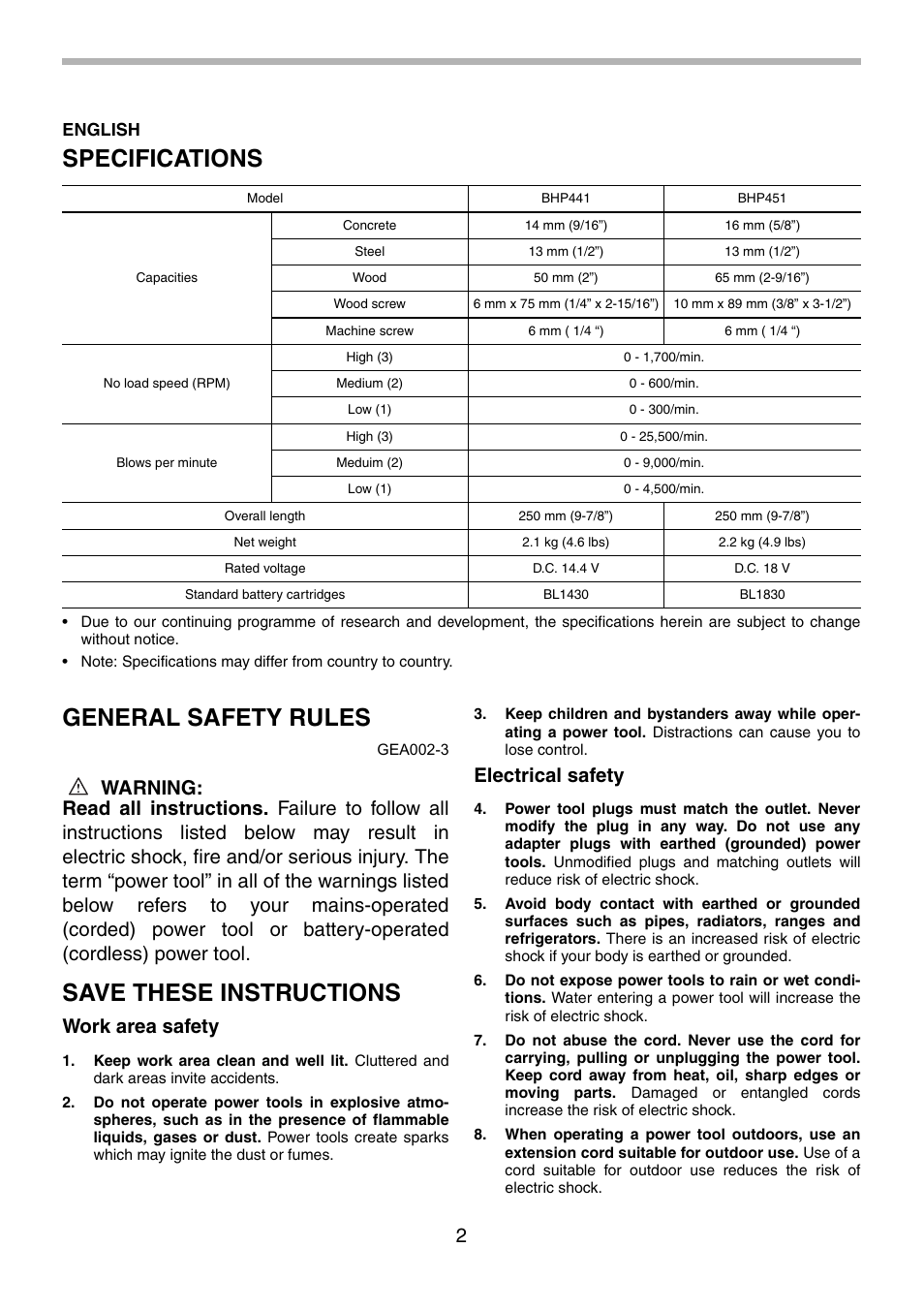 Specifications, General safety rules, Save these instructions | Work area safety, Electrical safety, English | Makita BHP451 User Manual | Page 2 / 32