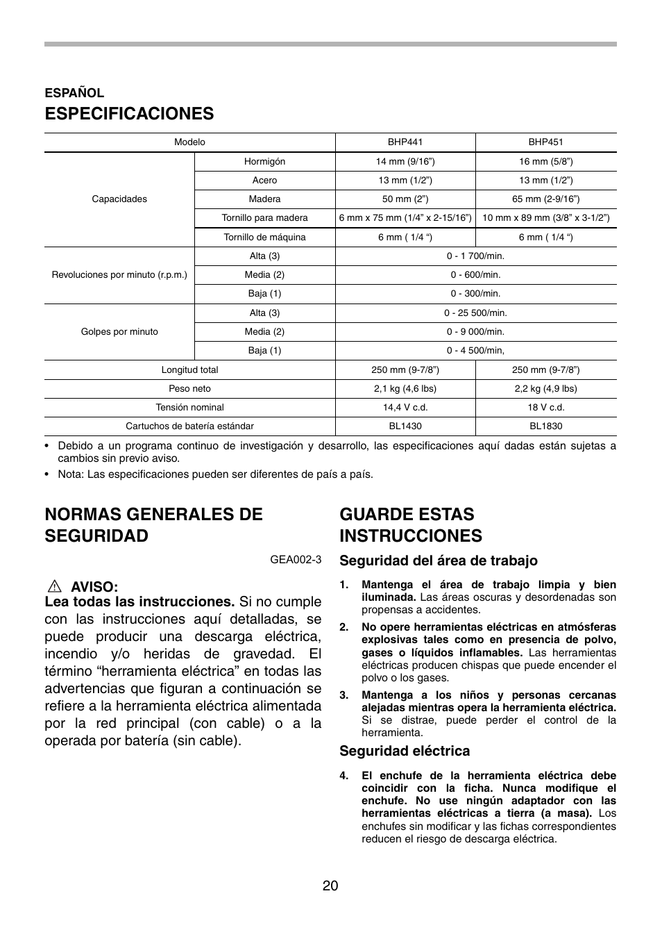 Especificaciones, Normas generales de seguridad, Guarde estas instrucciones | Seguridad del área de trabajo, Seguridad eléctrica, Español | Makita BHP451 User Manual | Page 20 / 32