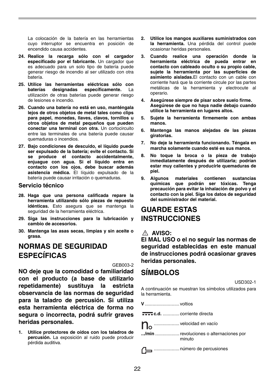 Normas de seguridad específicas, Guarde estas instrucciones, Símbolos | Servicio técnico | Makita BHP451 User Manual | Page 22 / 32