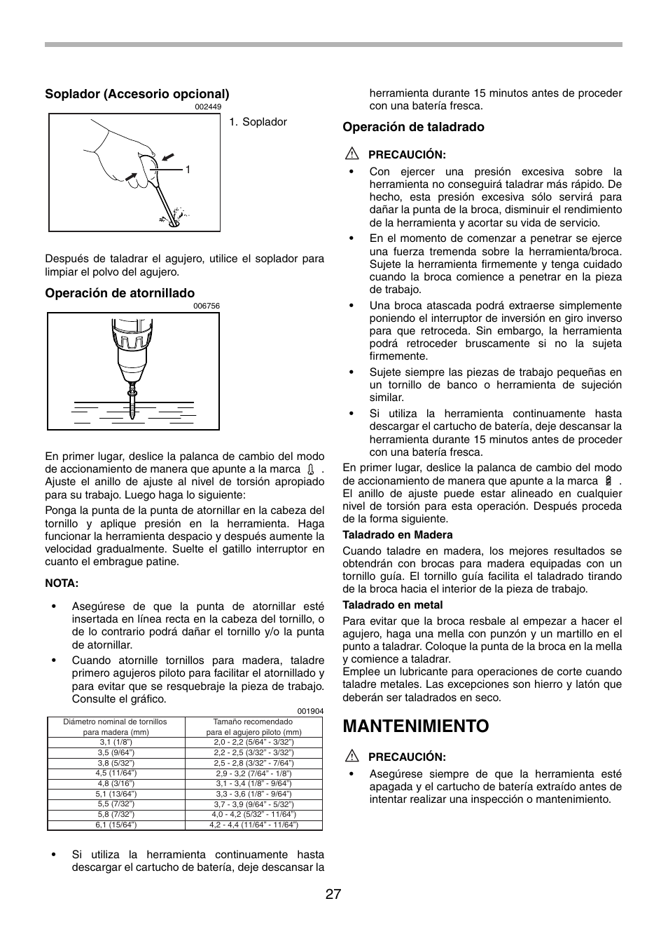 Mantenimiento, Soplador (accesorio opcional), Operación de atornillado | Operación de taladrado | Makita BHP451 User Manual | Page 27 / 32