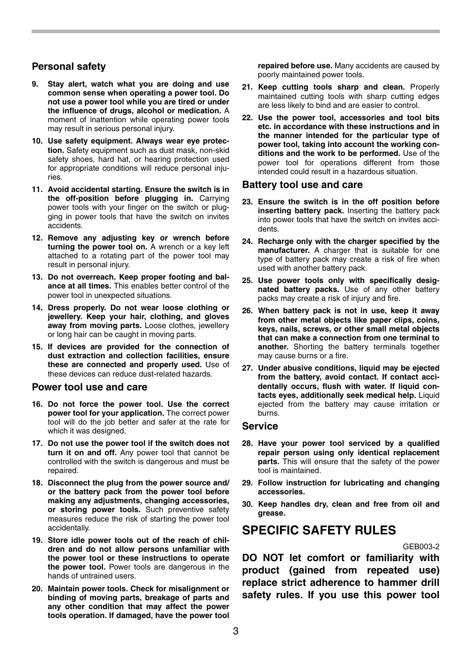 Specific safety rules, 3personal safety, Power tool use and care | Battery tool use and care, Service | Makita BHP451 User Manual | Page 3 / 32