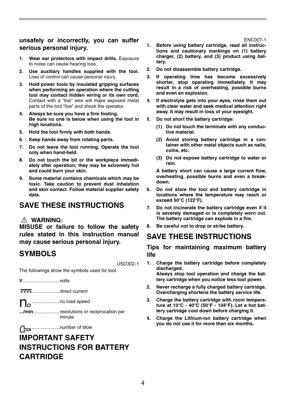 Save these instructions, Symbols, Tips for maintaining maximum battery life | Makita BHP451 User Manual | Page 4 / 32