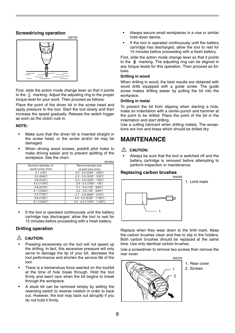 Maintenance, Screwdriving operation, Drilling operation | Replacing carbon brushes | Makita BHP451 User Manual | Page 8 / 32