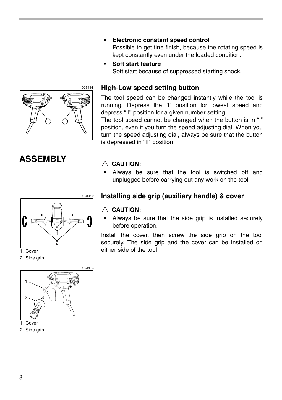Assembly, High-low speed setting button, Installing side grip (auxiliary handle) & cover | Makita PV7001C User Manual | Page 8 / 16