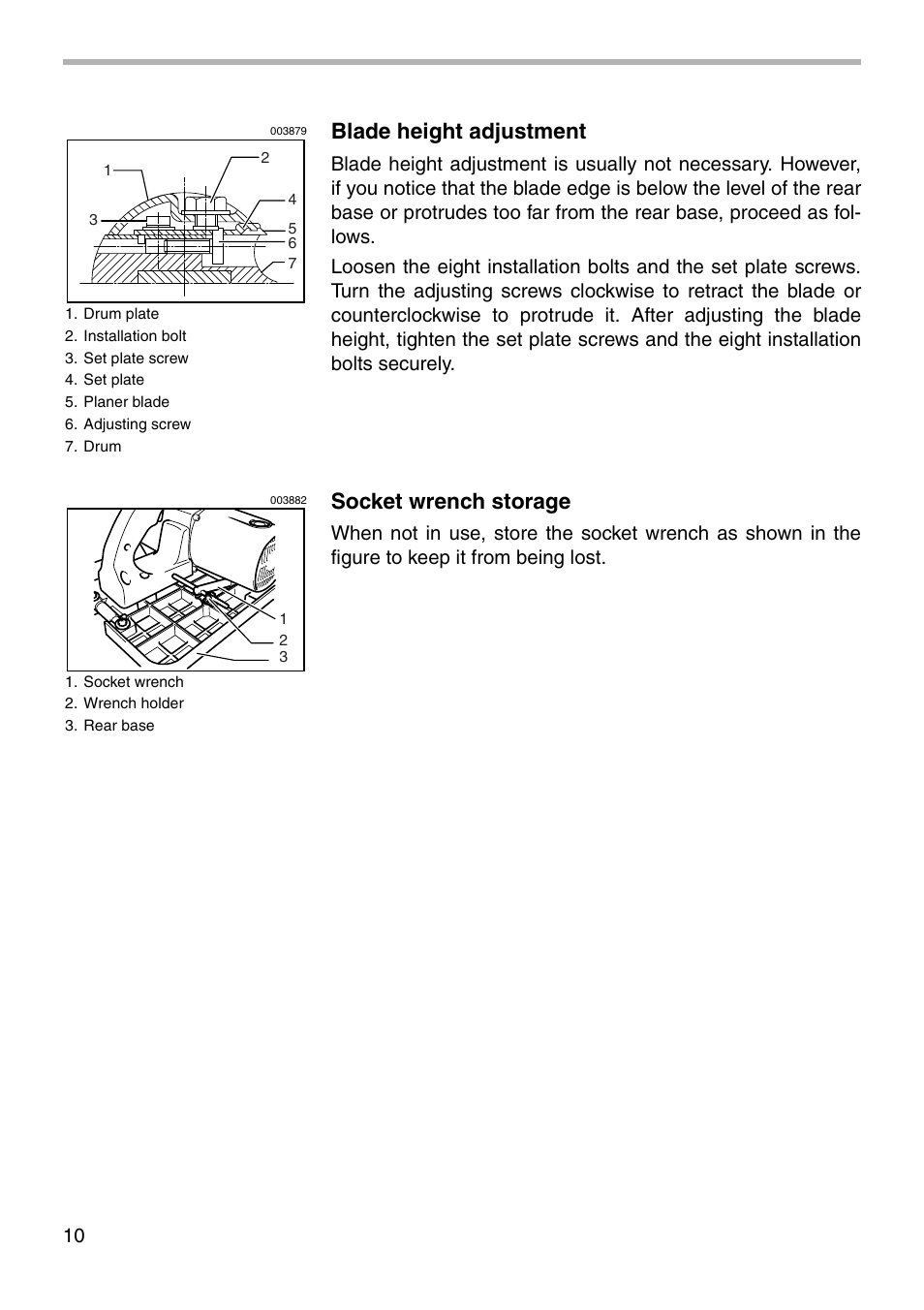 Blade height adjustment, Socket wrench storage | Makita KP312 User Manual | Page 10 / 16