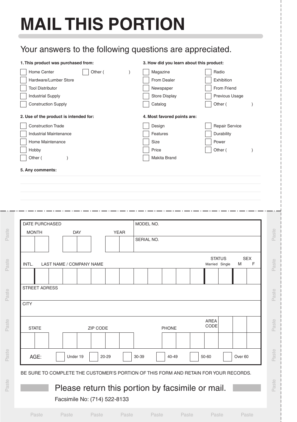 Mail this portion, Please return this portion by facsimile or mail | Makita KP312 User Manual | Page 14 / 16