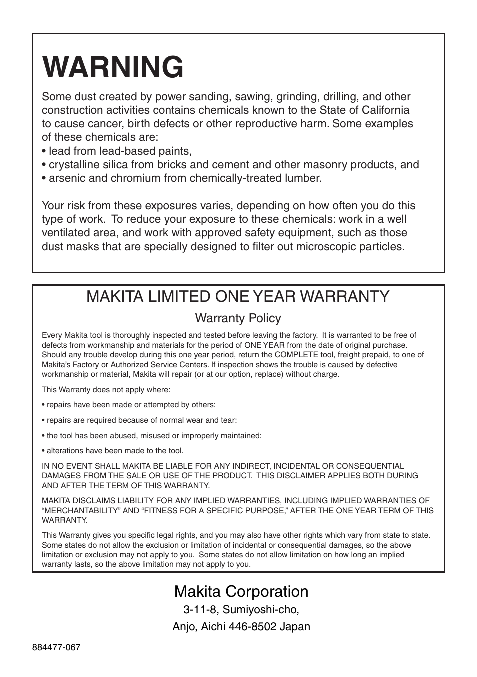 Warning, Makita limited one year warranty, Makita corporation | Makita KP312 User Manual | Page 16 / 16